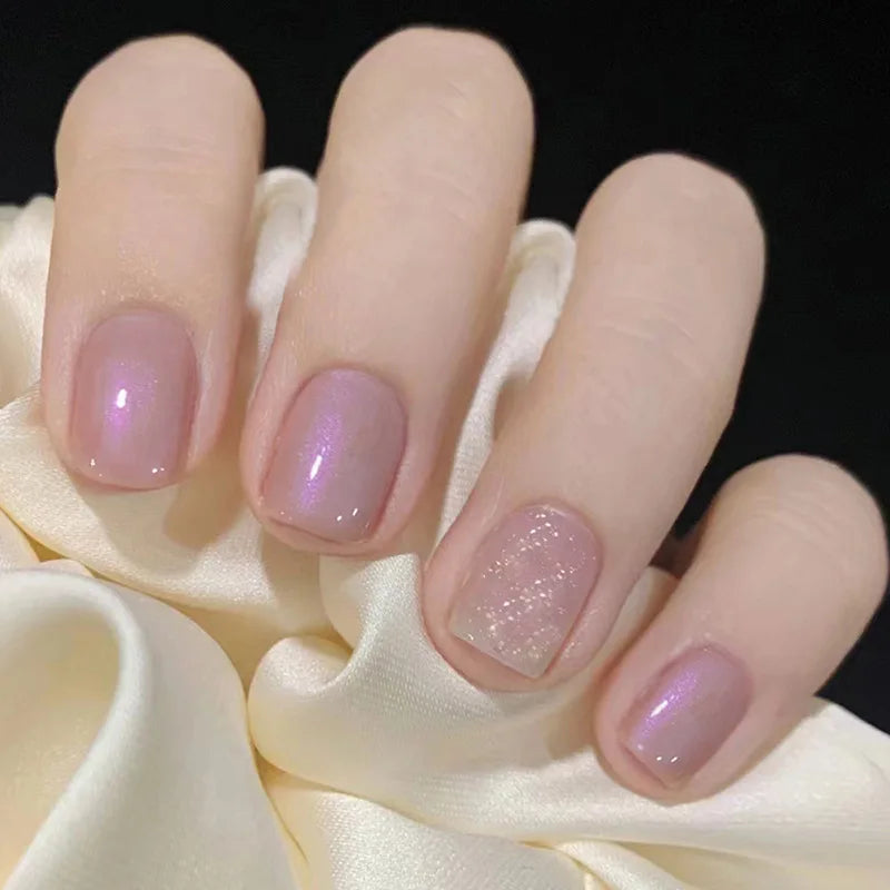 Gradient White Fake Nail Short Square Ballet Simple False Nails-6