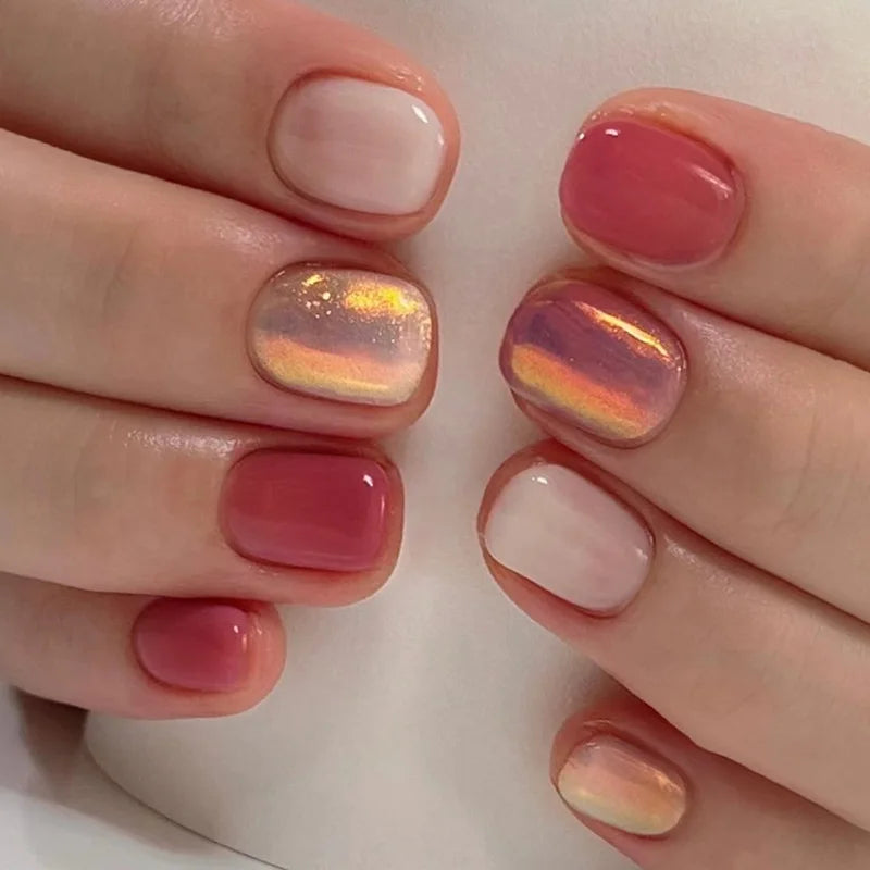 Gradient White Fake Nail Short Square Ballet Simple False Nails-7