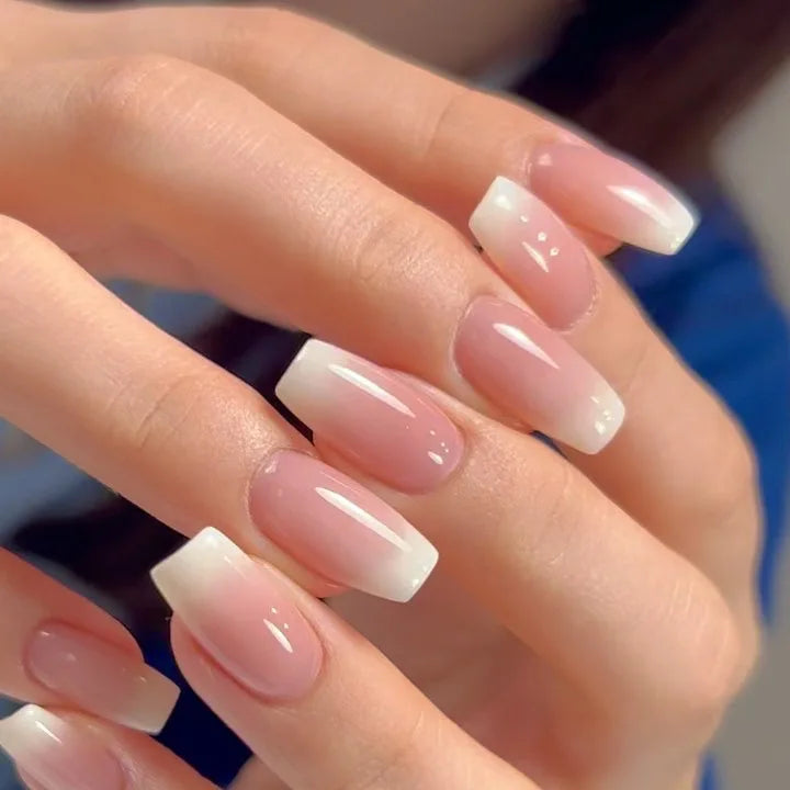 Gradient White Fake Nail Short Square Ballet Simple False Nails-11