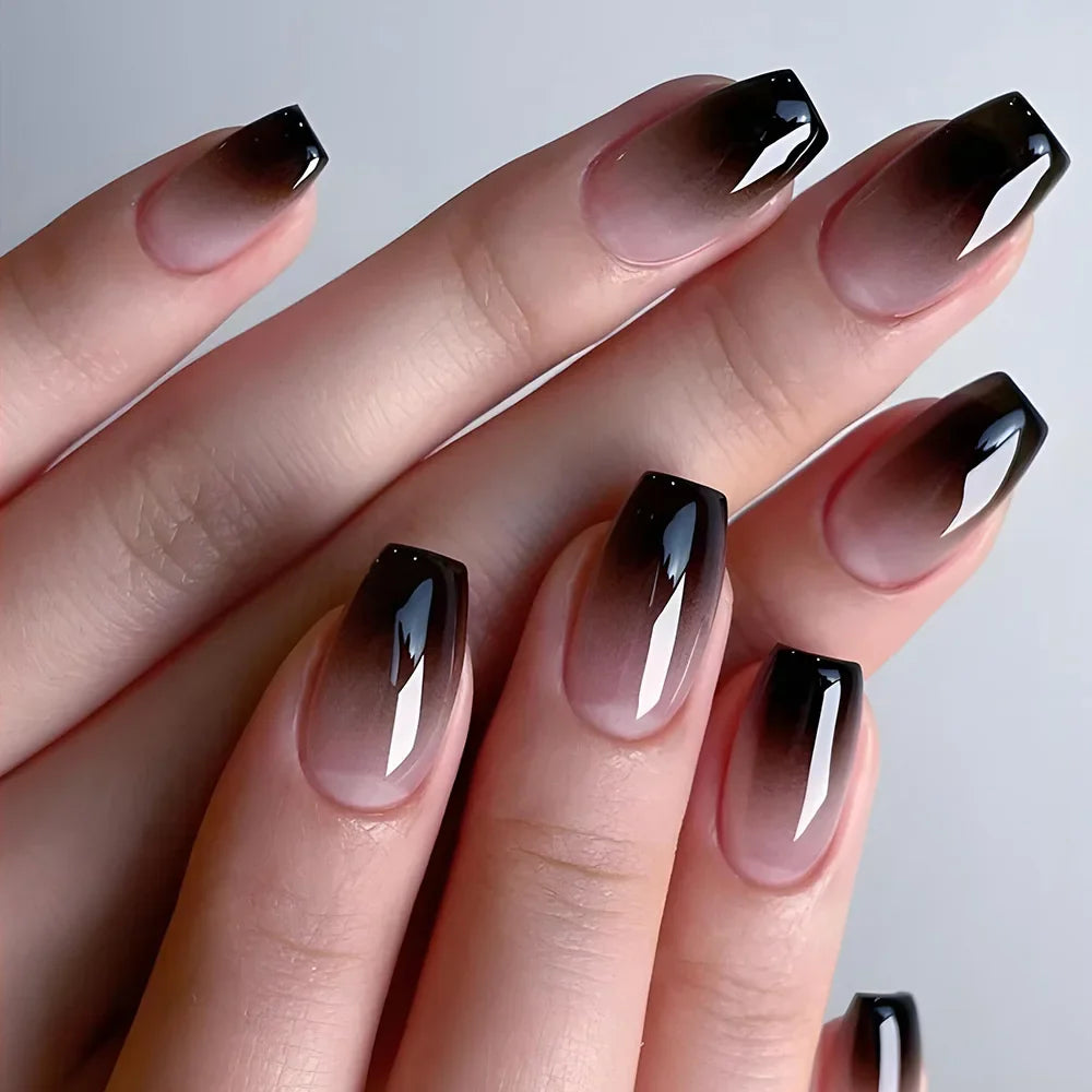 Gradient White Fake Nail Short Square Ballet Simple False Nails-13