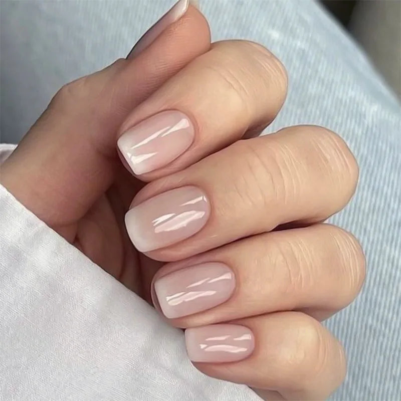 Gradient White Fake Nail Short Square Ballet Simple False Nails-15