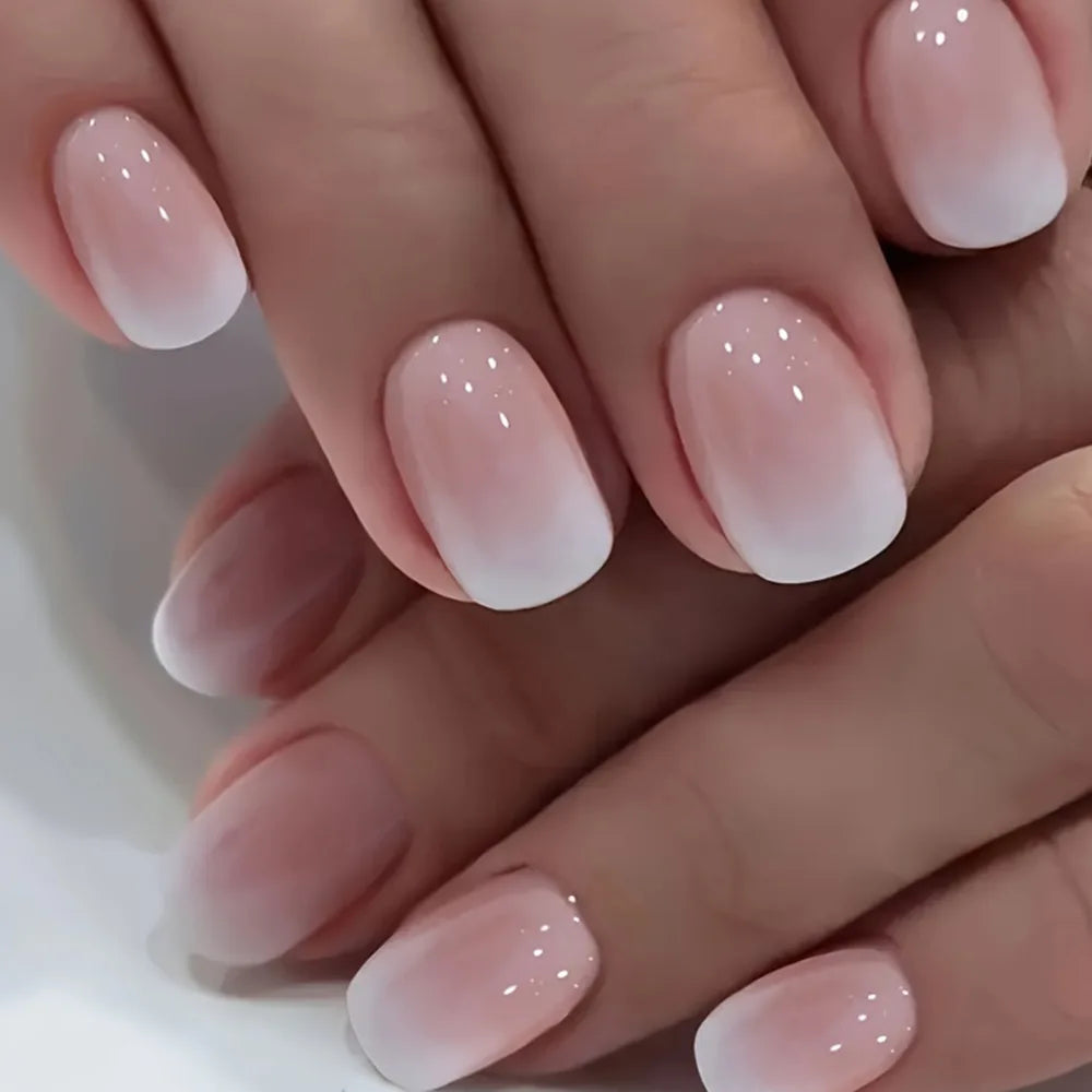 Gradient White Fake Nail Short Square Ballet Simple False Nails-16
