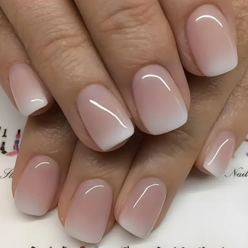 Gradient White Fake Nail Short Square Ballet Simple False Nails-17