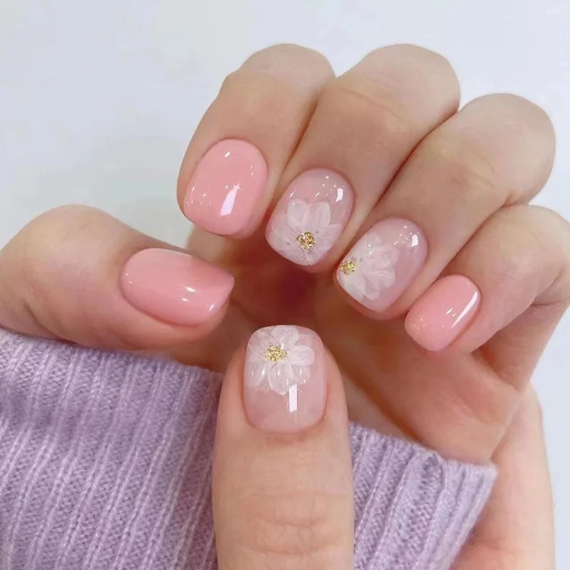 Gradient White Fake Nail Short Square Ballet Simple False Nails-19