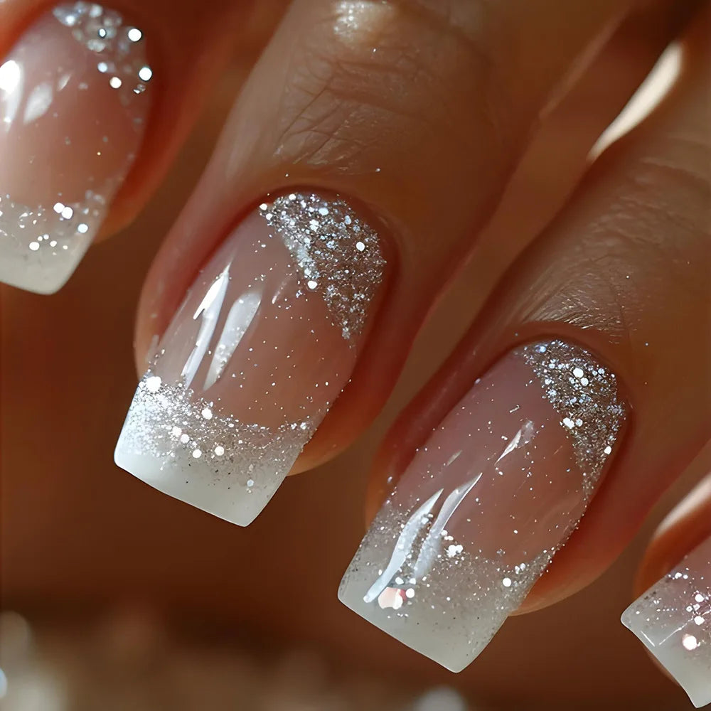 Gradient White Fake Nail Short Square Ballet Simple False Nails-20