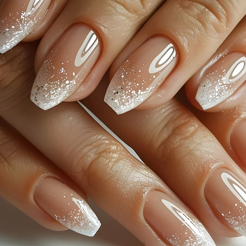 Gradient White Fake Nail Short Square Ballet Simple False Nails-21