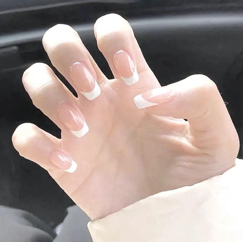Gradient White Fake Nail Short Square Ballet Simple False Nails-23