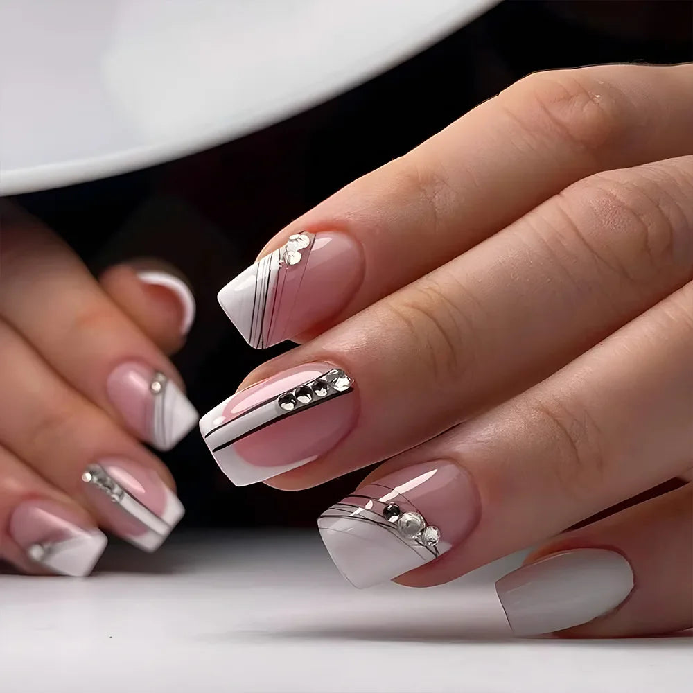 Gradient White Fake Nail Short Square Ballet Simple False Nails-24