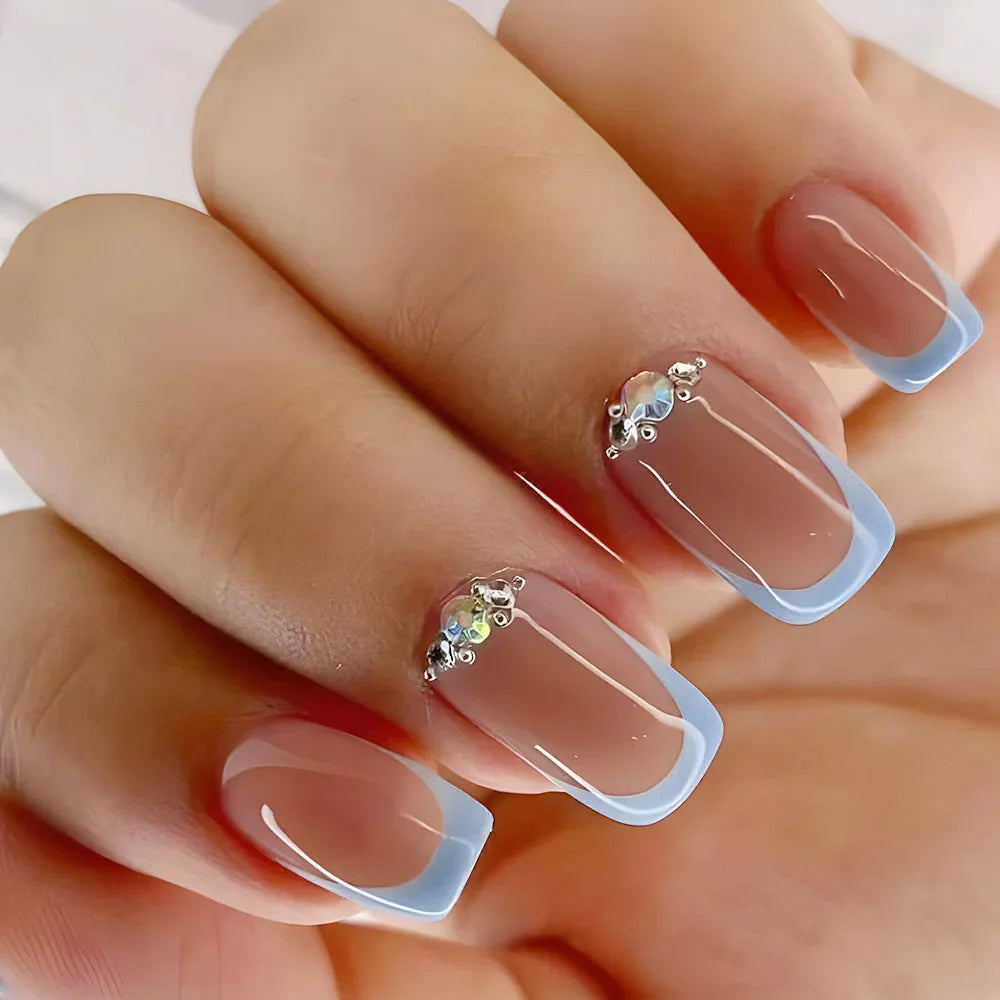 Gradient White Fake Nail Short Square Ballet Simple False Nails-25