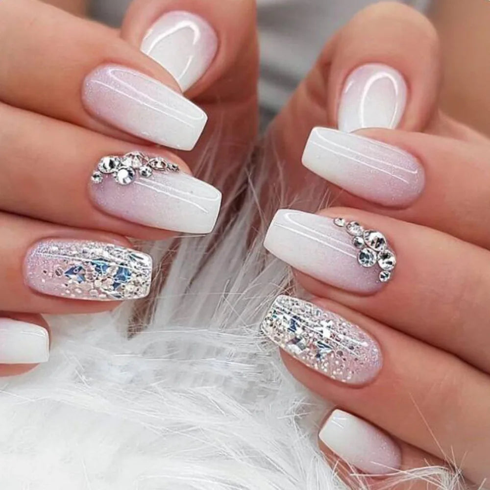 Gradient White Fake Nail Short Square Ballet Simple False Nails-26