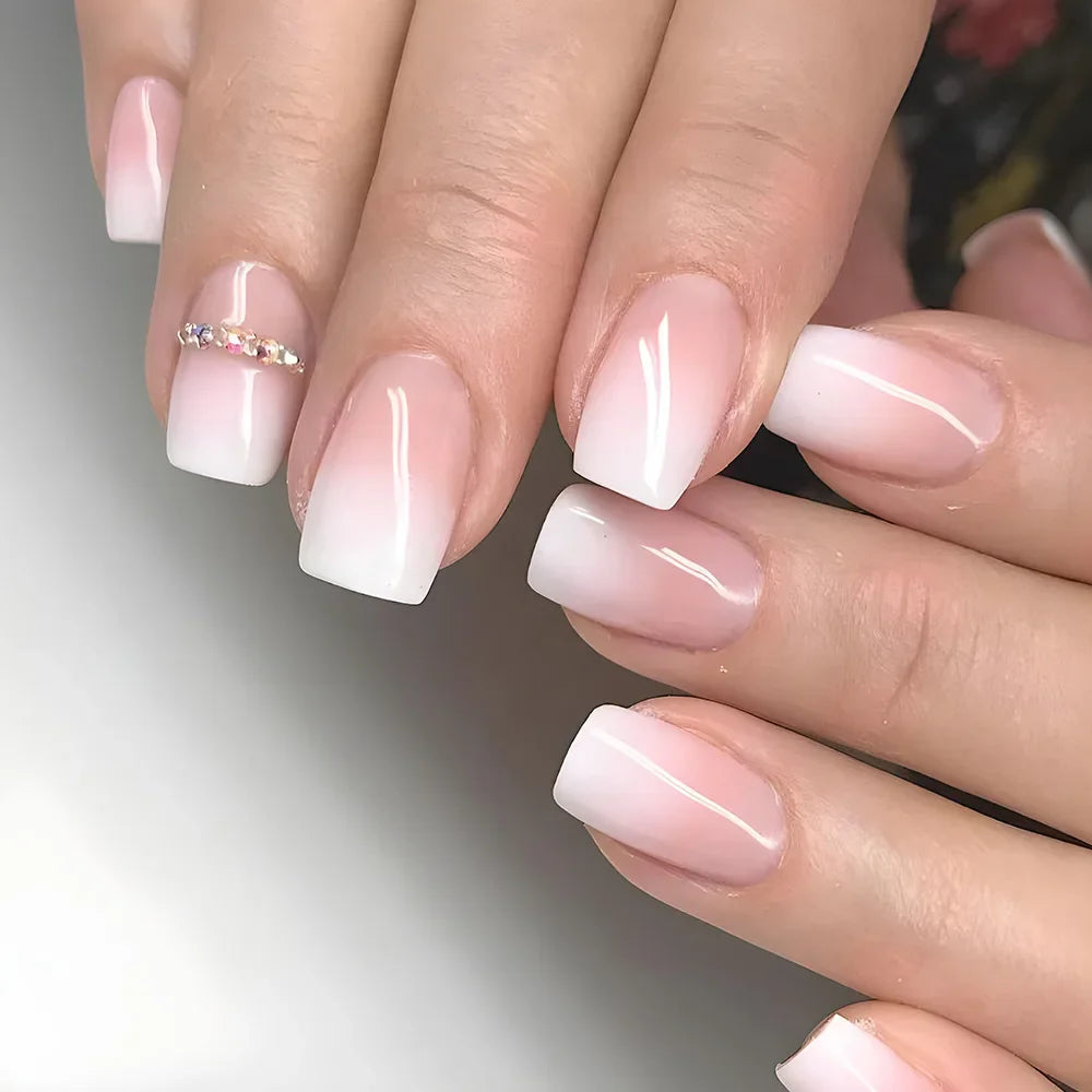 Gradient White Fake Nail Short Square Ballet Simple False Nails-27
