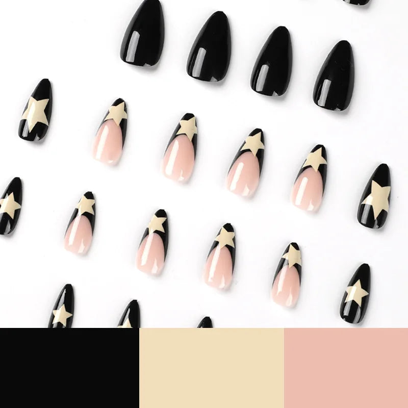 Milky White Stars Black French Wearable Nail Art-4