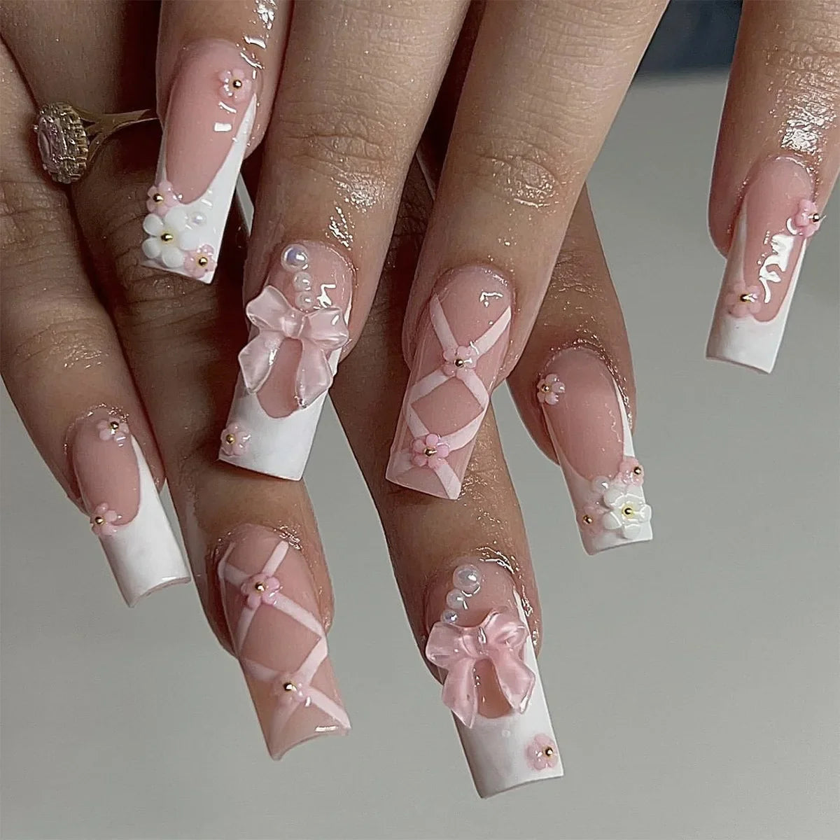 Pink Bow Press on Nails-0