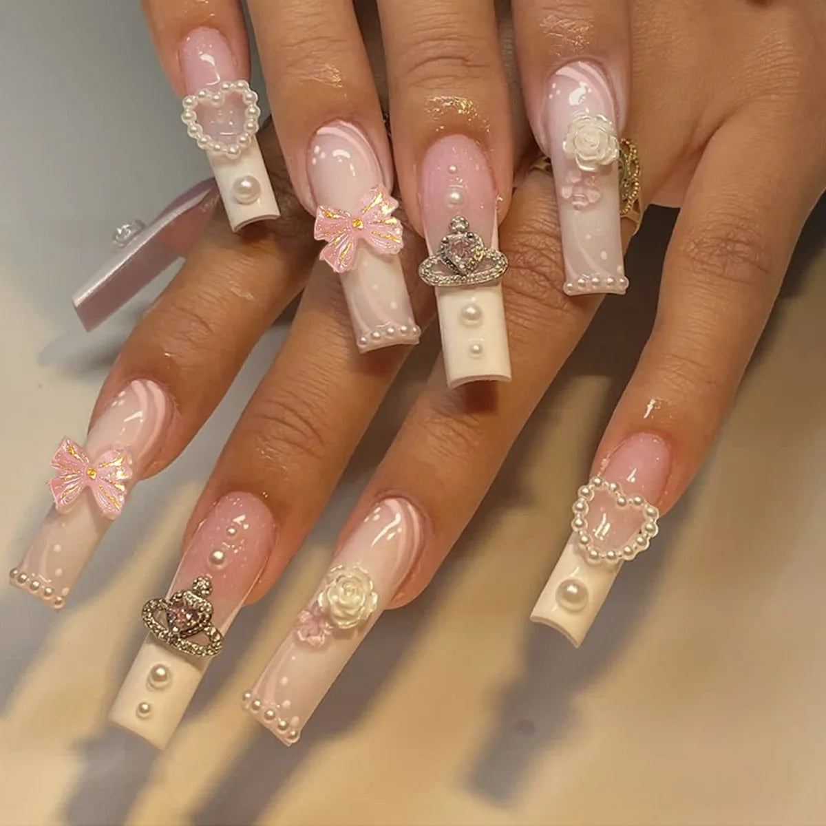 Pink Bow Press on Nails-24