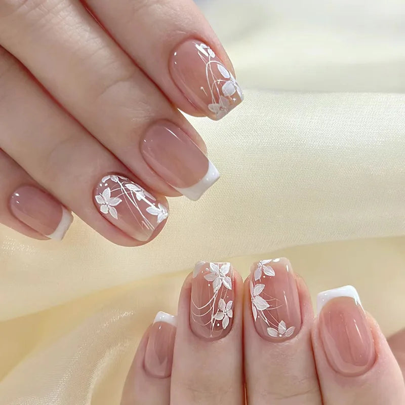 Gradient White Fake Nail Short Square Ballet Simple False Nails-56