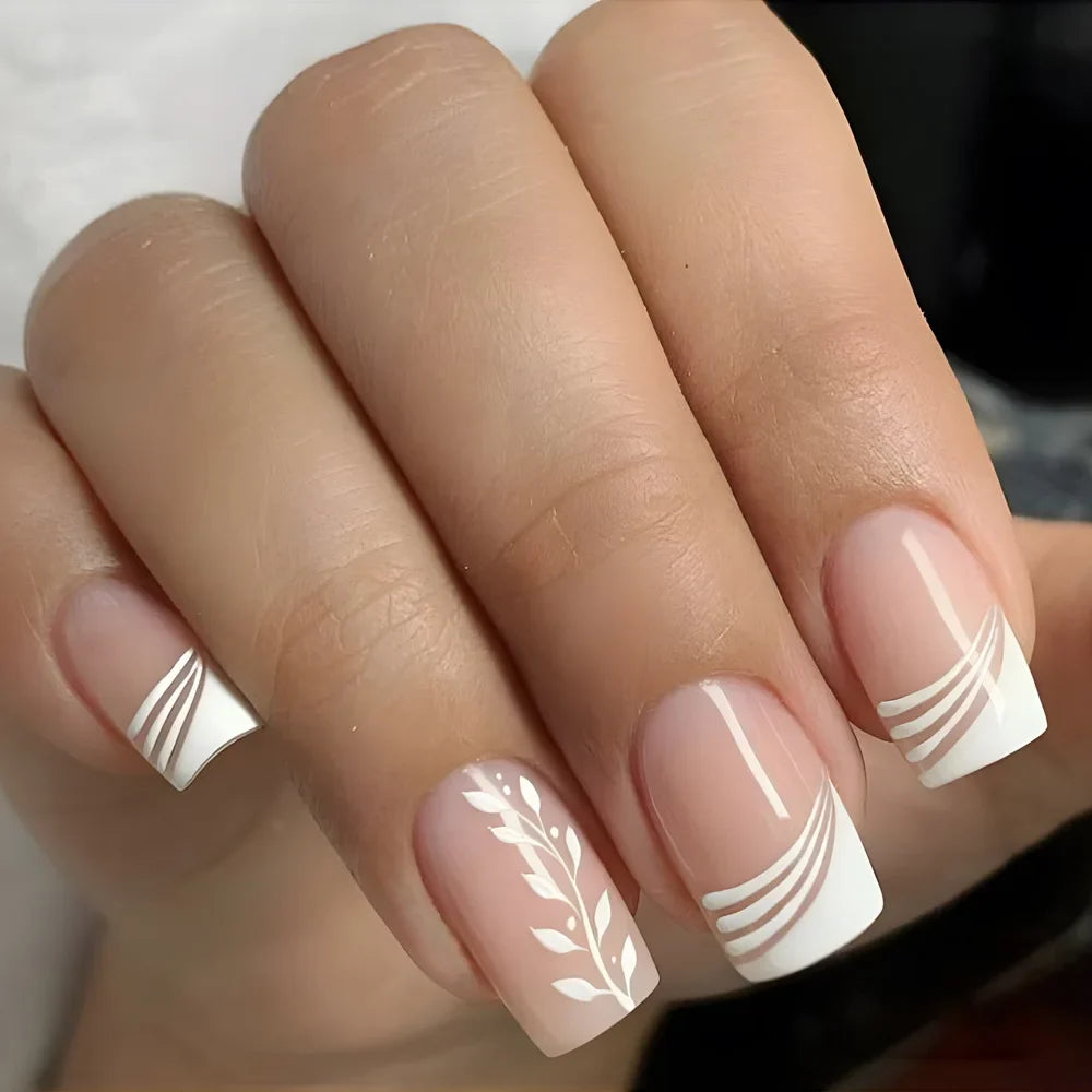 Gradient White Fake Nail Short Square Ballet Simple False Nails-48