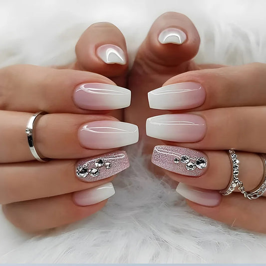 Gradient White Fake Nail Short Square Ballet Simple False Nails-30