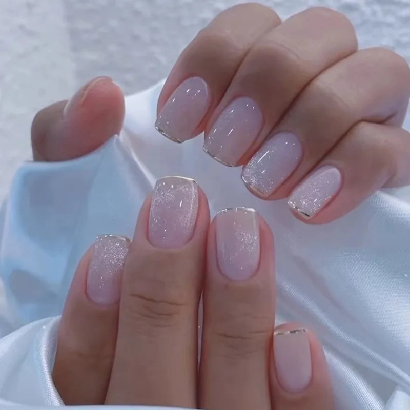 Gradient White Fake Nail Short Square Ballet Simple False Nails-65