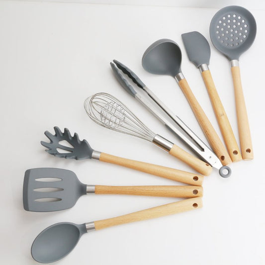Silicone Kitchen Utensils Set with Wooden Handle-0