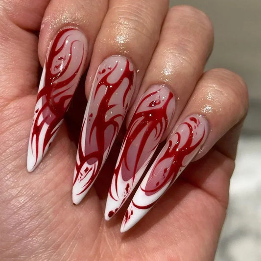 Whimsical Clown Almond Press-On Nails on!-10